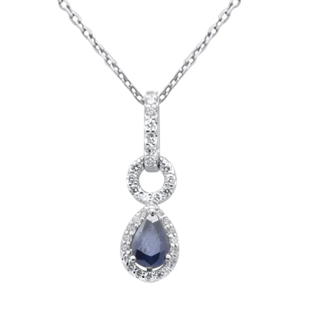 <span style="color:purple">SPECIAL!</span> .63ct G SI 14K White Gold Diamond & Blue Sapphire Gemstone Pendant Necklace 18" Chain