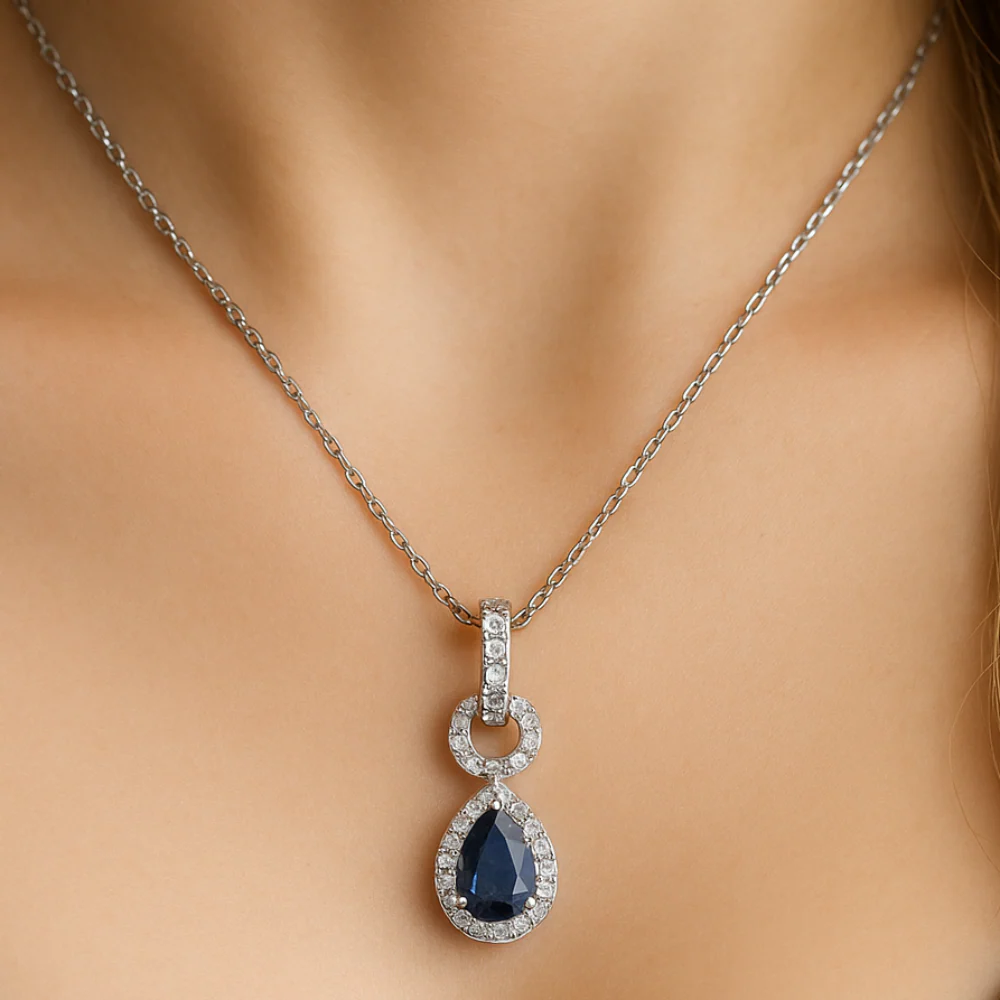 <span style="color:purple">SPECIAL!</span> .63ct G SI 14K White Gold Diamond & Blue Sapphire Gemstone Pendant Necklace 18" Chain - Image 2