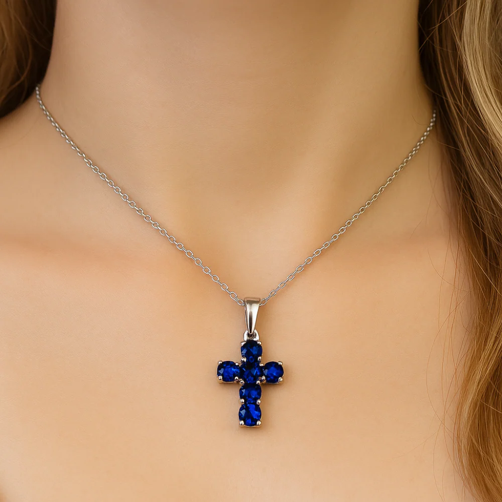 .47ct G SI 14K White Gold Blue Sapphire Gemstone Cross Pendant Necklace 18" Chain - Image 2
