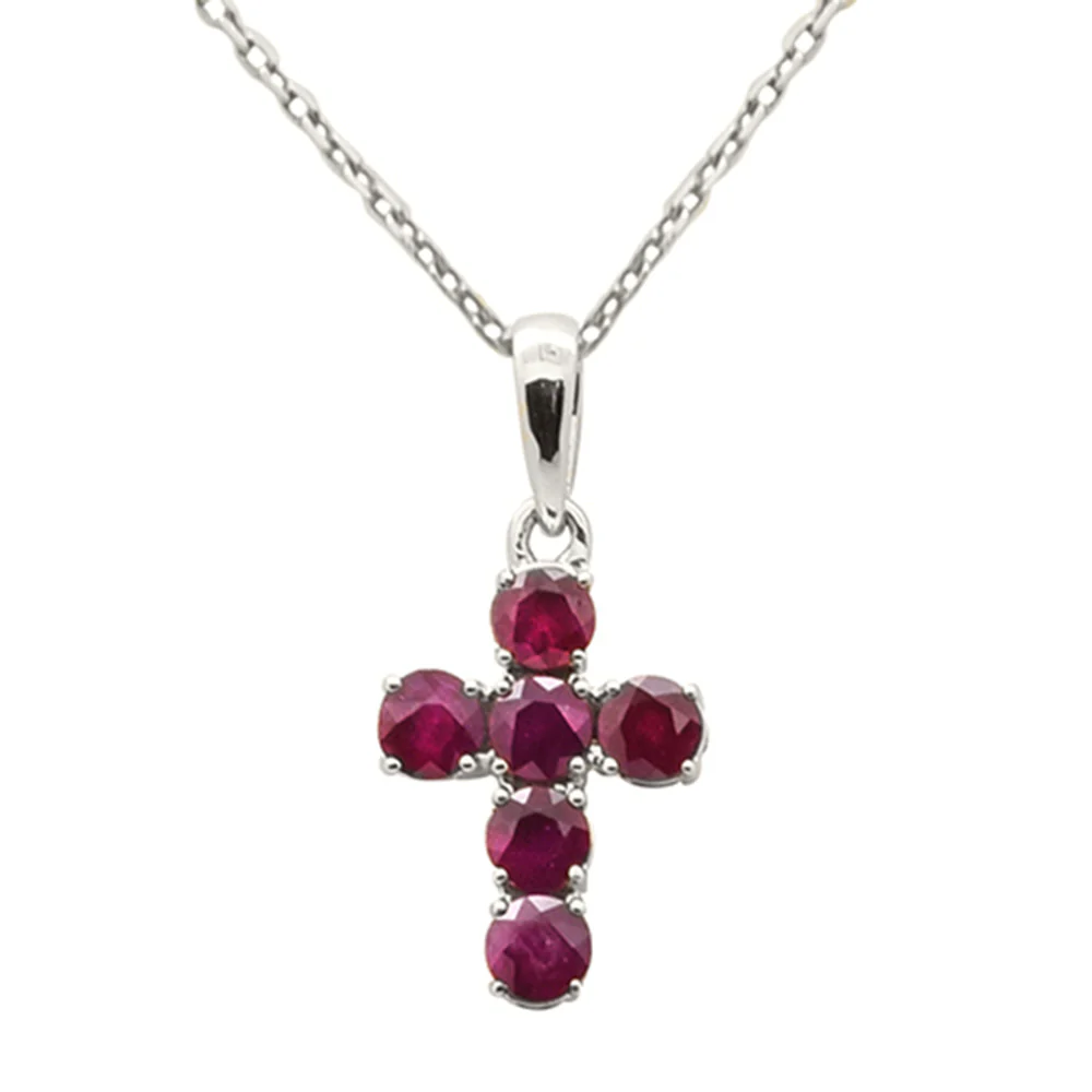 <span style="color:purple">SPECIAL!</span> .47ct G SI 14K White Gold Ruby Gemstone Cross Pendant Necklace 18" Chain