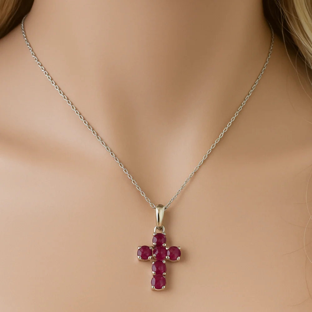 <span style="color:purple">SPECIAL!</span> .47ct G SI 14K White Gold Ruby Gemstone Cross Pendant Necklace 18" Chain - Image 2