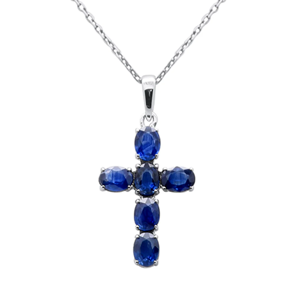 <span style="color:purple">SPECIAL!</span>1.54ct G SI 14K White Gold Blue Sapphire Gemstone Cross Pendant Necklace 18" Chain