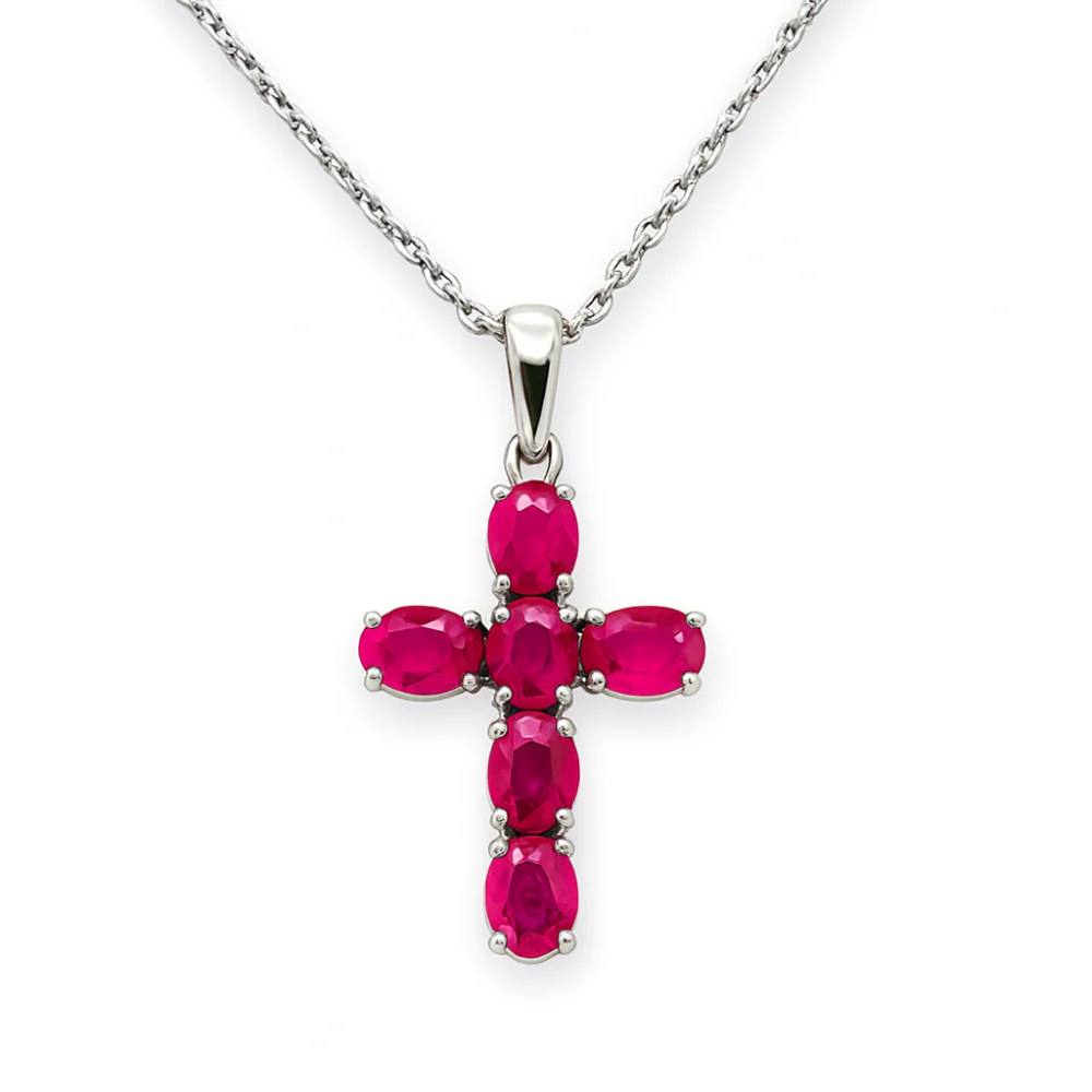<span style="color:purple">SPECIAL!</span>1.17ct G SI 14K White Gold Ruby Gemstone Cross Pendant Necklace 18" Chain