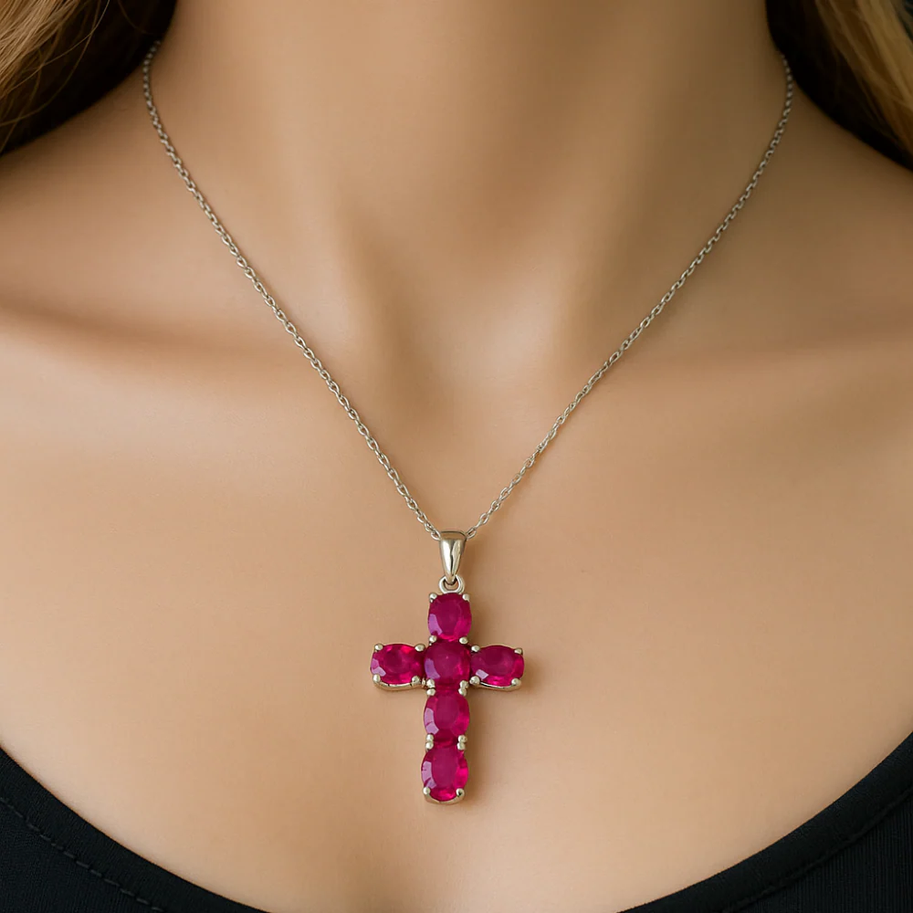 <span style="color:purple">SPECIAL!</span>1.17ct G SI 14K White Gold Ruby Gemstone Cross Pendant Necklace 18" Chain - Image 2