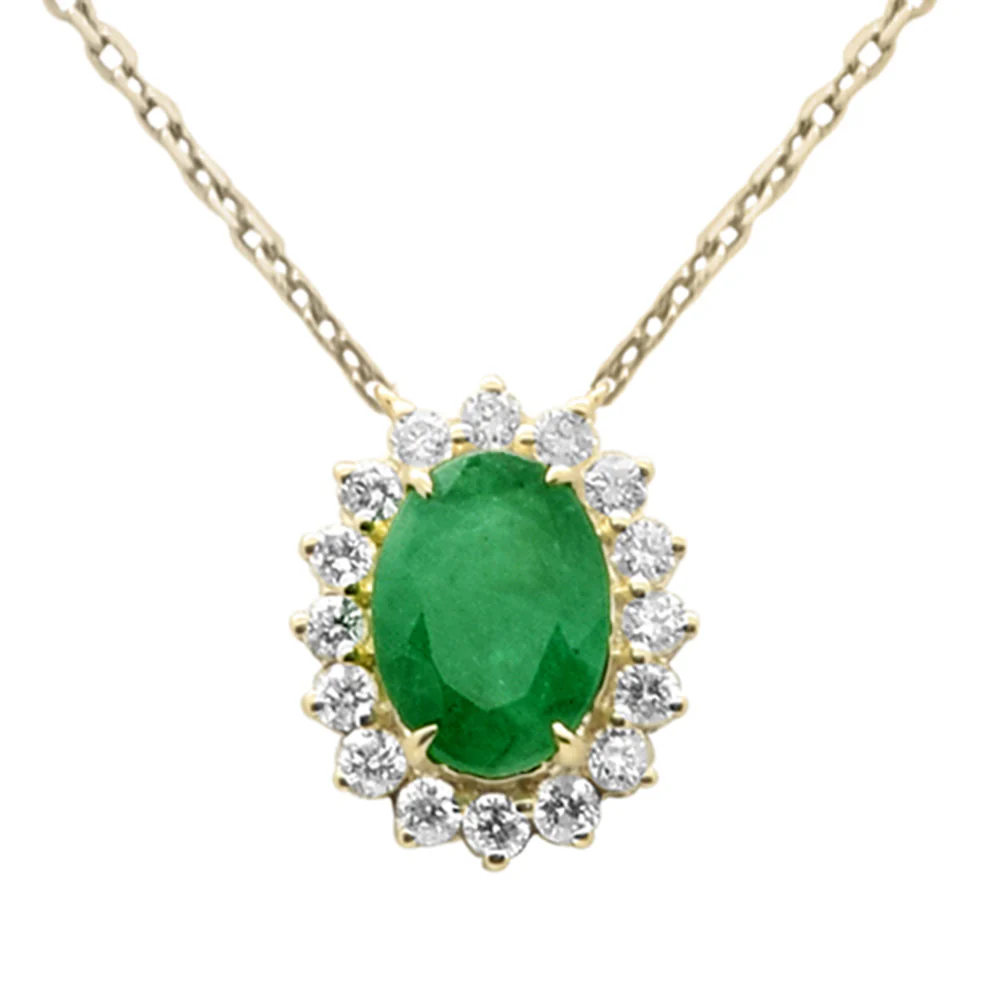 <span style="color:purple">SPECIAL!</span>1.03ct G SI 14K Yellow Gold Diamond & Oval Emerald Gemstone Pendant Necklace 18" Chain