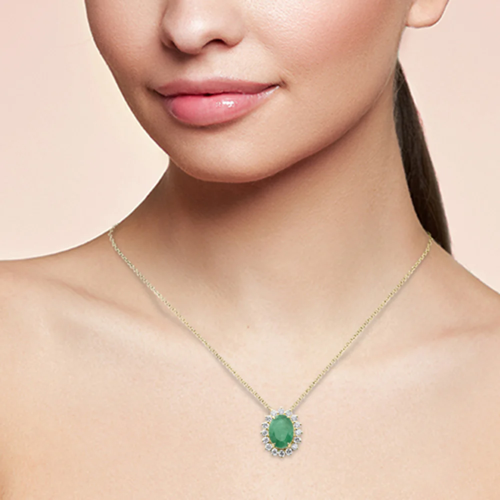 <span style="color:purple">SPECIAL!</span>1.03ct G SI 14K Yellow Gold Diamond & Oval Emerald Gemstone Pendant Necklace 18" Chain - Image 2