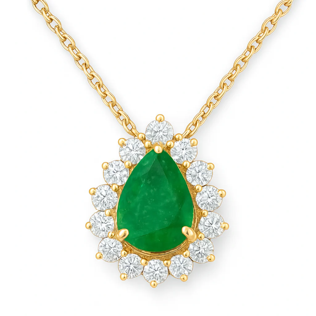 <span style="color:purple">SPECIAL!</span> 1.01ct G SI 14K Yellow Gold Diamond & Pear Shape Emerald Gemstone Pendant Necklace 18" Chain