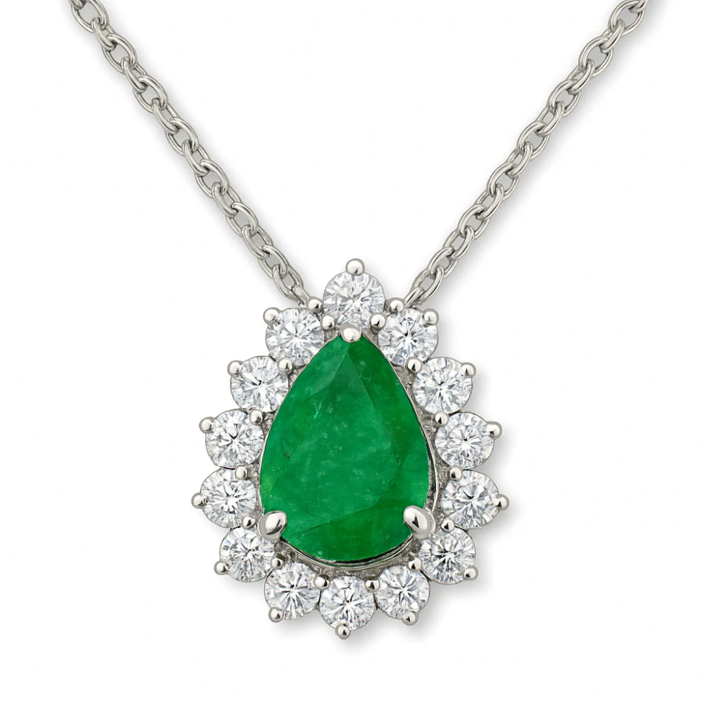 <span style="color:purple">SPECIAL!</span> .84ct G SI 14K White Gold Diamond & Pear Shape Emerald Gemstone Pendant Necklace 18" Chain