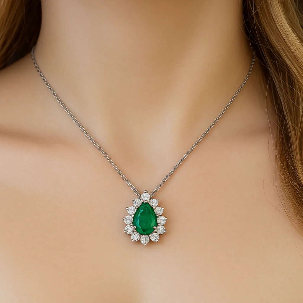 <span style="color:purple">SPECIAL!</span> .84ct G SI 14K White Gold Diamond & Pear Shape Emerald Gemstone Pendant Necklace 18" Chain - Image 2