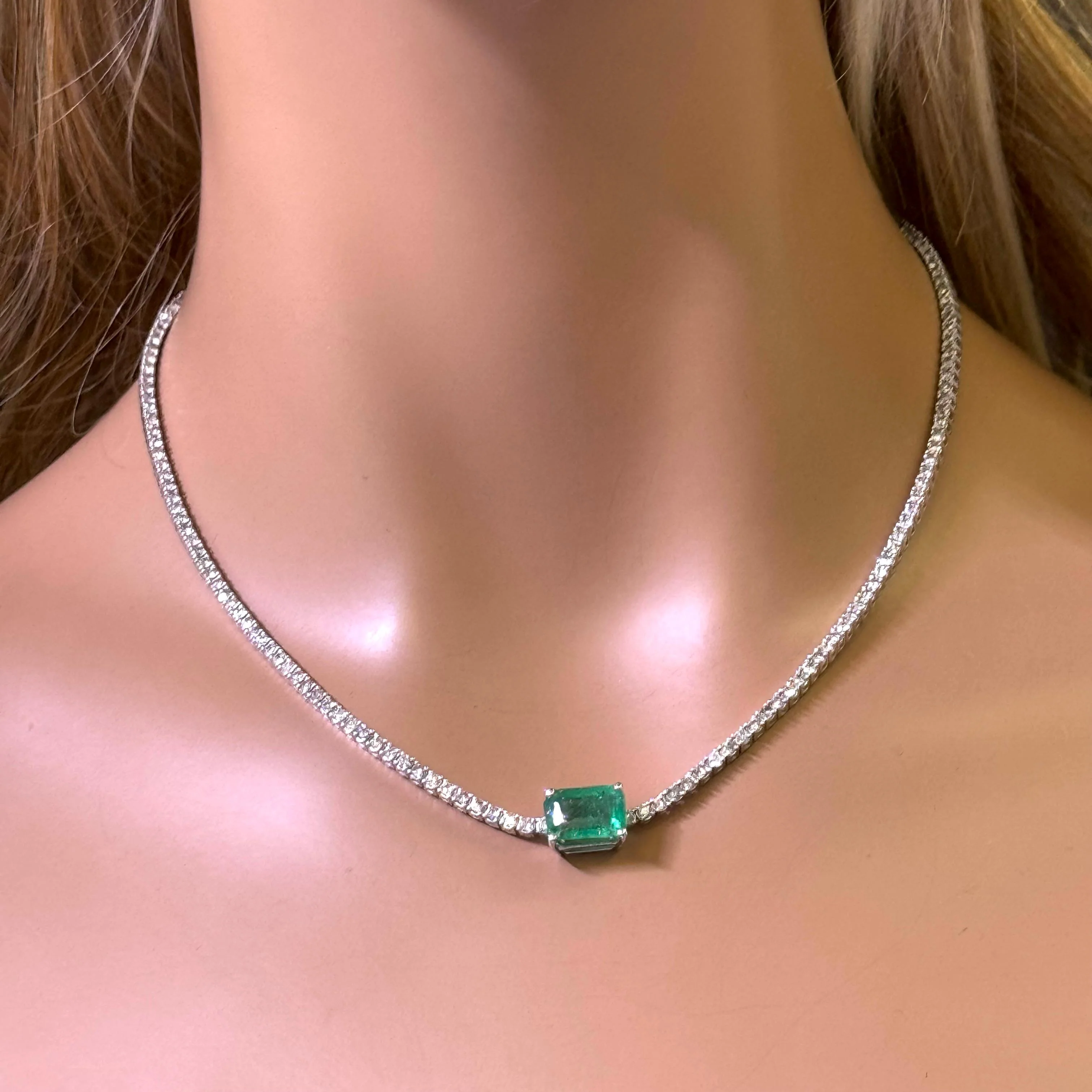 <span style="color:purple">SPECIAL!</span>4.64ct G SI 14K Yellow Gold Diamond & Emerald Gemstone Tennis Necklace 16" Long - Image 2