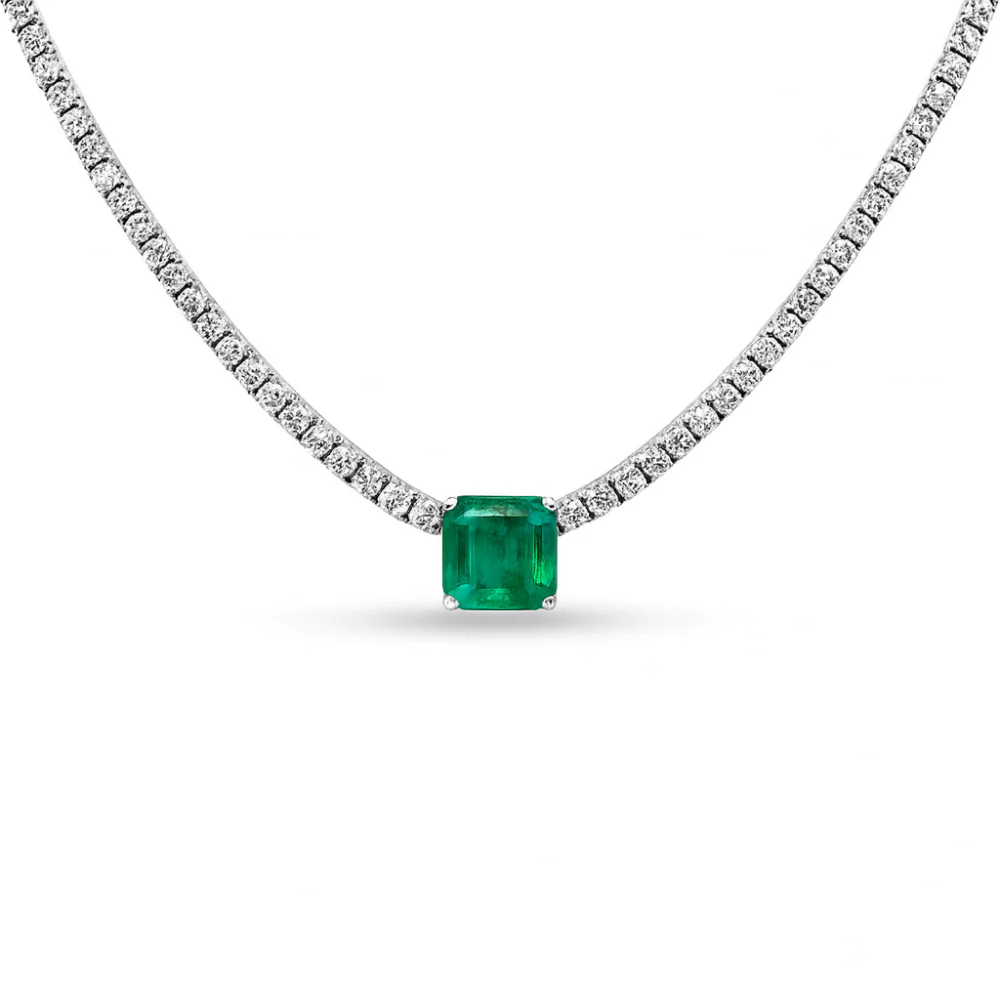 <span style="color:purple">SPECIAL!</span>16.50ct G SI 14K White Gold Diamond & Emerald Gemstone Tennis Necklace 16" Long