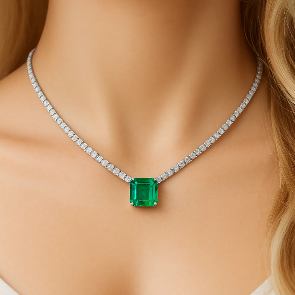 <span style="color:purple">SPECIAL!</span>16.50ct G SI 14K White Gold Diamond & Emerald Gemstone Tennis Necklace 16" Long - Image 2