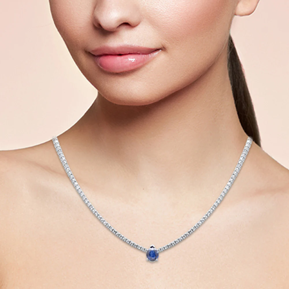 <span style="color:purple">SPECIAL!</span>5.18ct G SI 14K White Gold Diamond & Blue Sapphire Gemstone Tennis Necklace 16" Long - Image 2