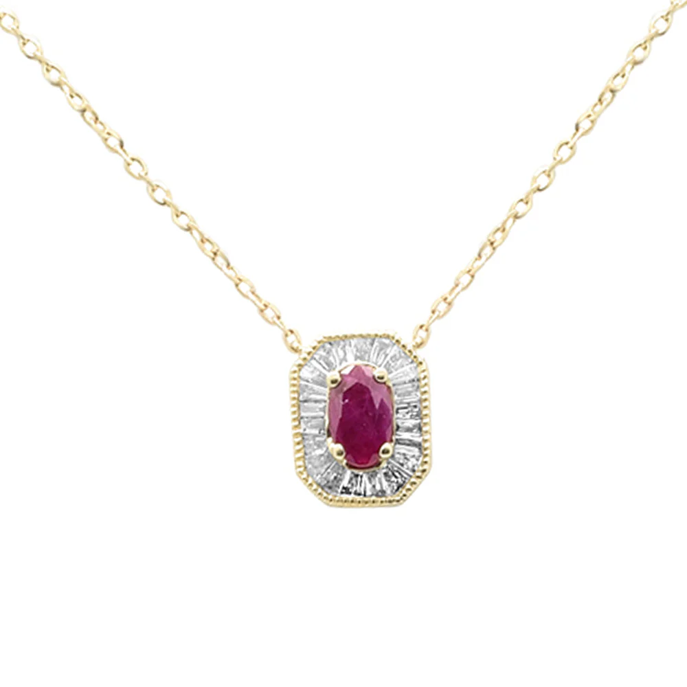 <span style="color:purple">SPECIAL!</span>.48ct G SI 14K Yellow Gold Baguette Diamond & Ruby Gemstone Pendant Necklace 18" Long
