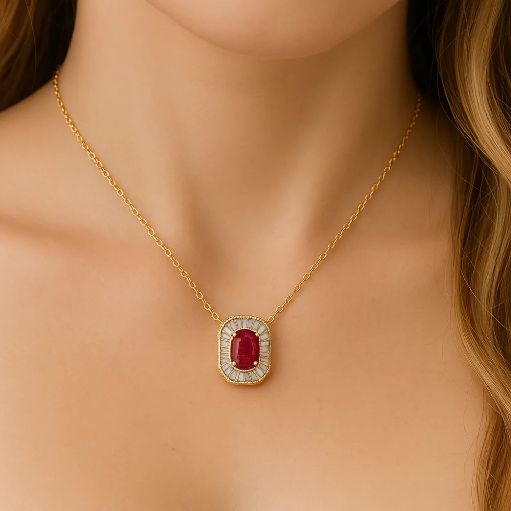 <span style="color:purple">SPECIAL!</span>.48ct G SI 14K Yellow Gold Baguette Diamond & Ruby Gemstone Pendant Necklace 18" Long - Image 2