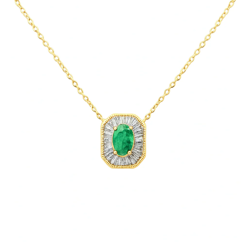 <span style="color:purple">SPECIAL!</span> .44ct G SI 14K Yellow Gold Baguette Diamond & Emerald Gemstone Pendant Necklace 18" Long