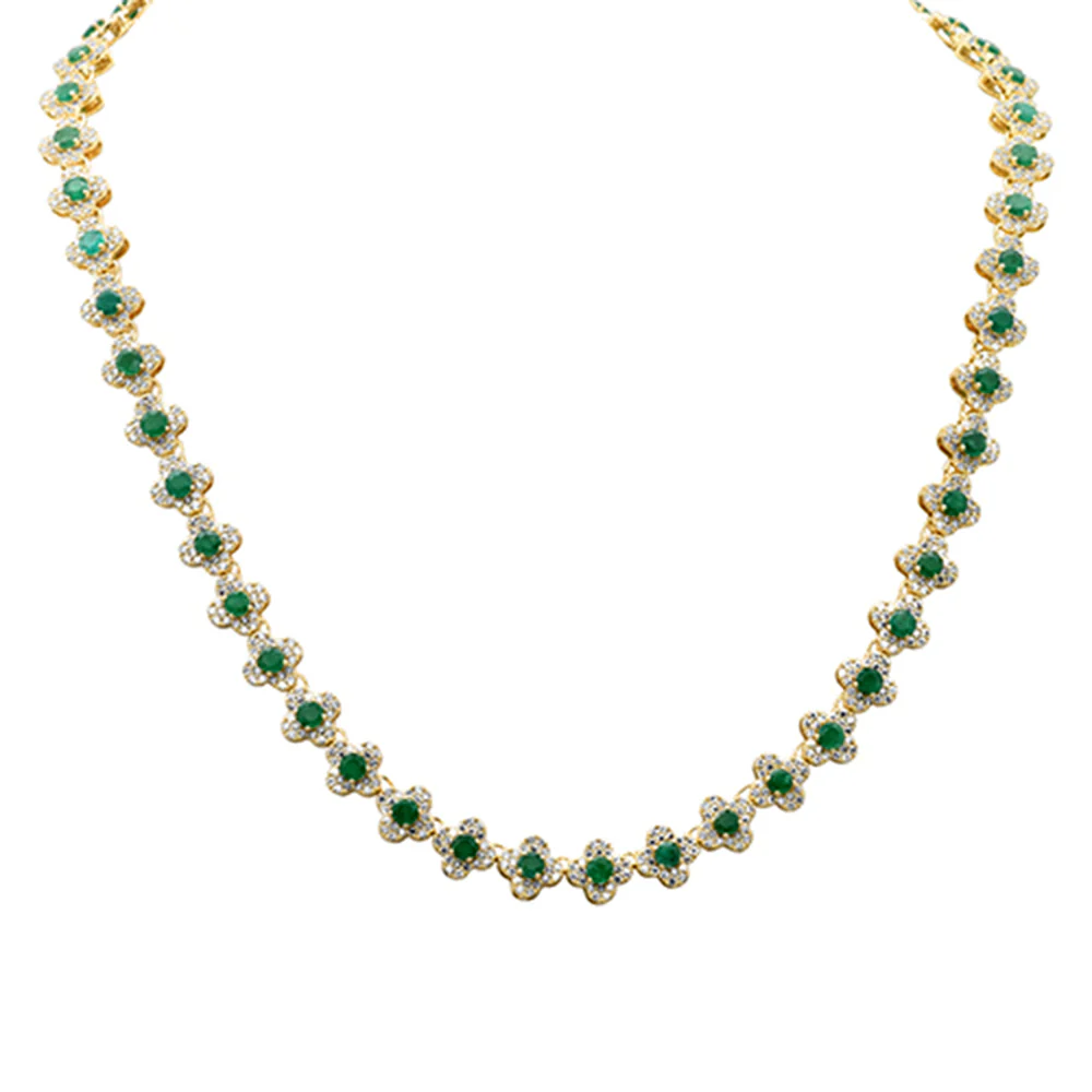 <span style="color:purple">SPECIAL!</span>11.53ct G SI 14K Yellow Gold Diamond & Emerald Gemstone Clover Design Necklace 16" Long