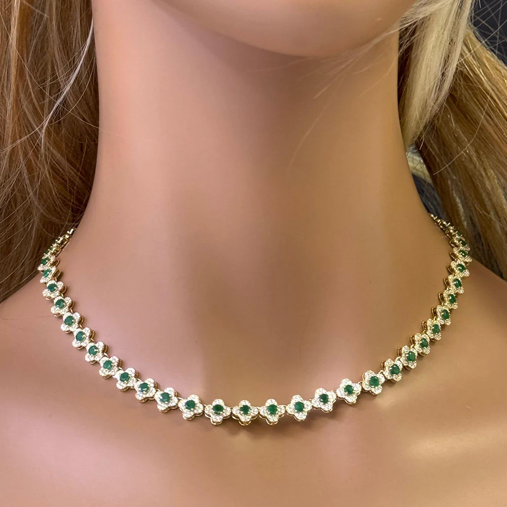 <span style="color:purple">SPECIAL!</span>11.53ct G SI 14K Yellow Gold Diamond & Emerald Gemstone Clover Design Necklace 16" Long - Image 2