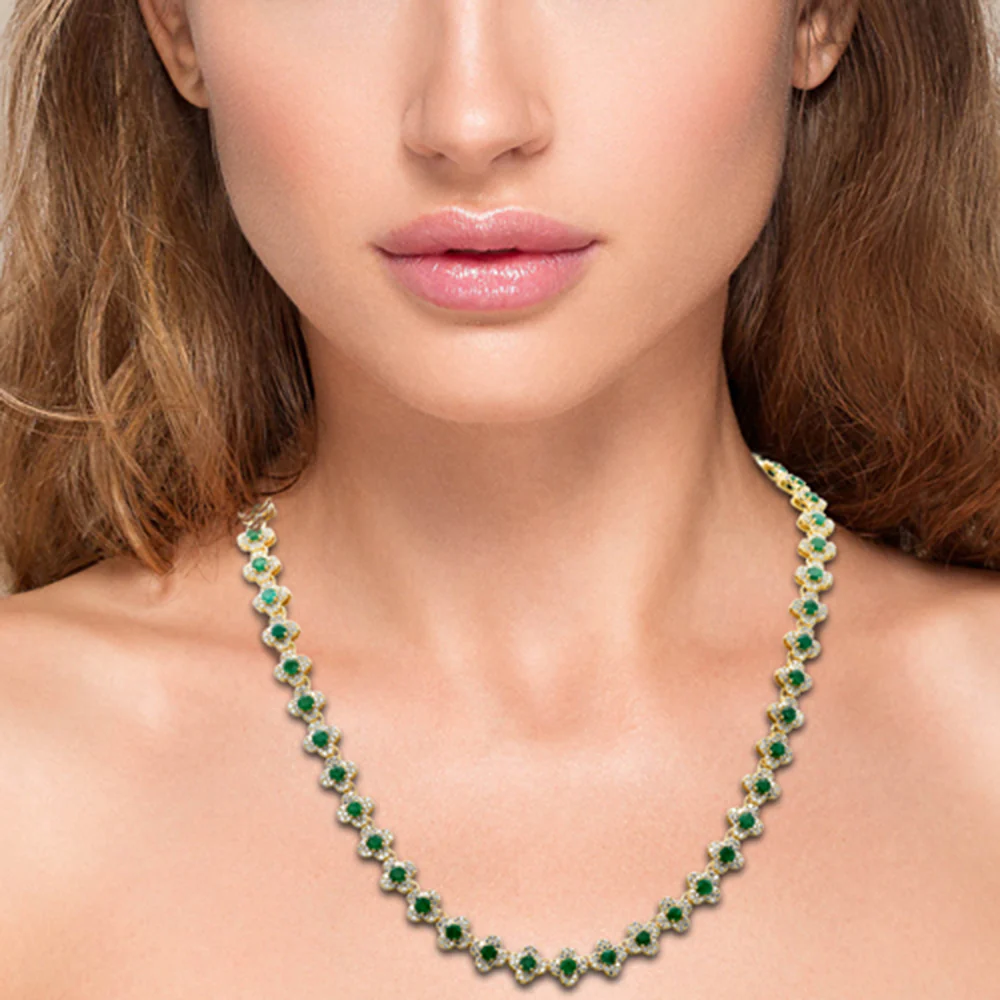 <span style="color:purple">SPECIAL!</span>11.53ct G SI 14K Yellow Gold Diamond & Emerald Gemstone Clover Design Necklace 16" Long - Image 3