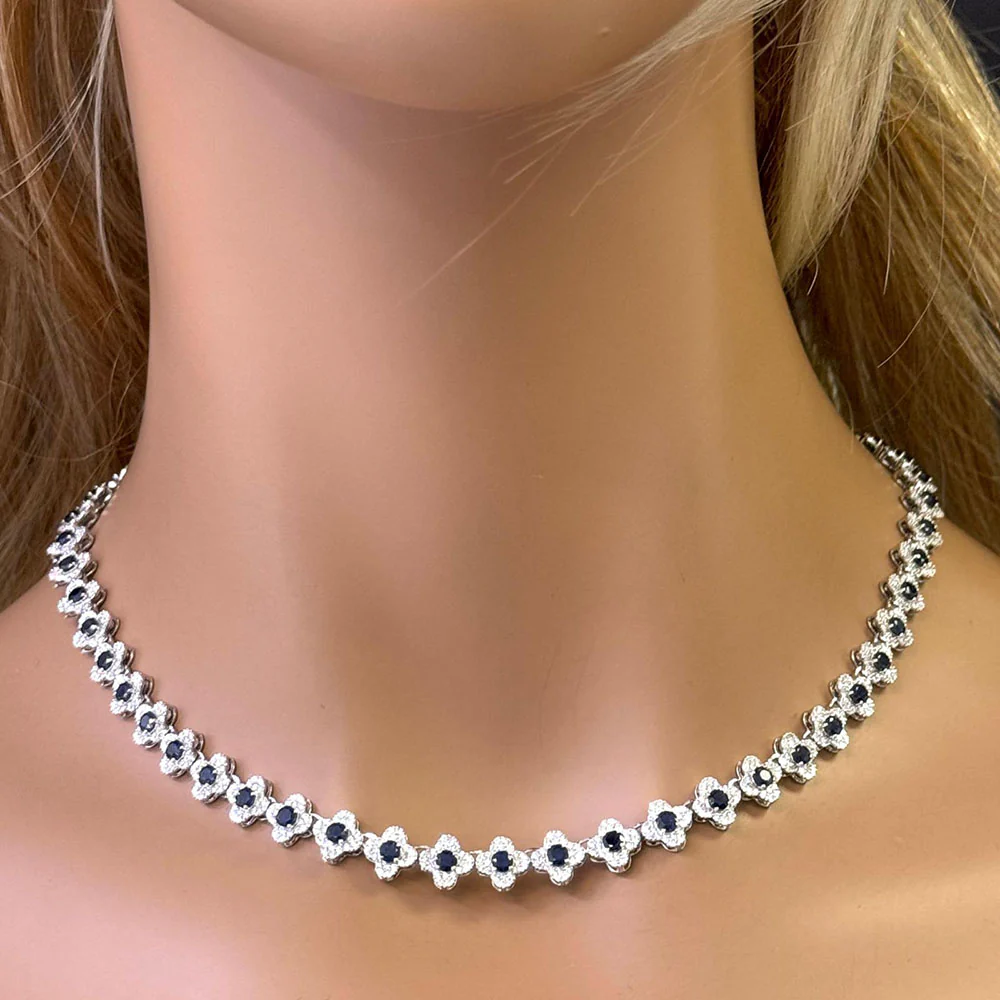 <span style="color:purple">SPECIAL!</span>13.18ct G SI 14K White Gold Diamond & Blue Sapphire Gemstone Clover Design Necklace 16" Long - Image 2