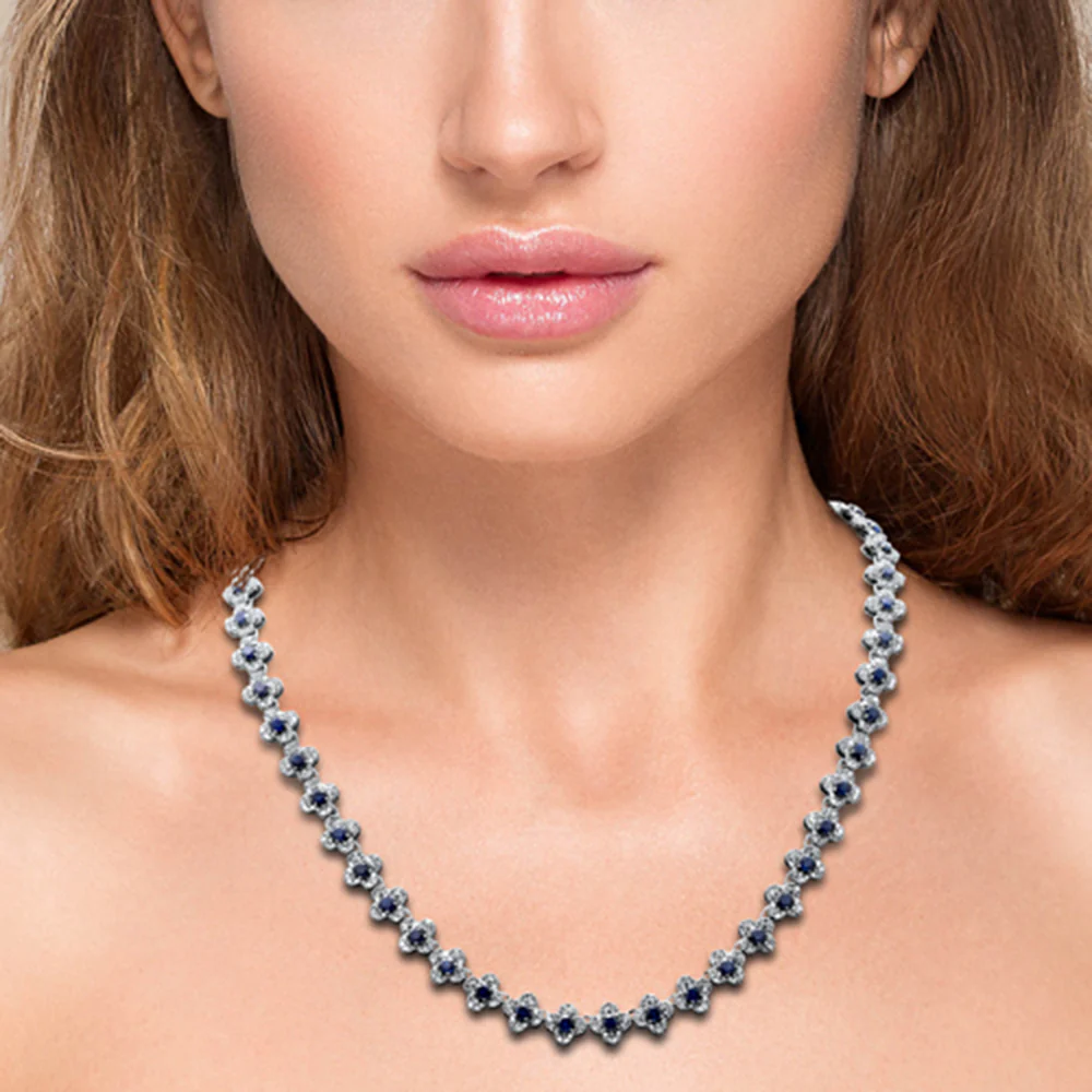 <span style="color:purple">SPECIAL!</span>13.18ct G SI 14K White Gold Diamond & Blue Sapphire Gemstone Clover Design Necklace 16" Long - Image 3
