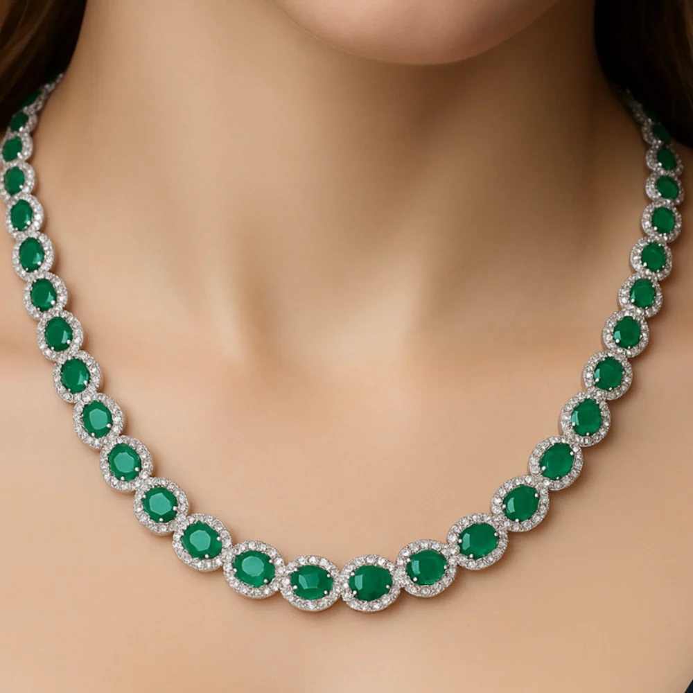 <span style="color:purple">SPECIAL!</span>14.41ct G SI 14K White Gold Diamond & Emerald Gemstone Necklace 16" Long - Image 2