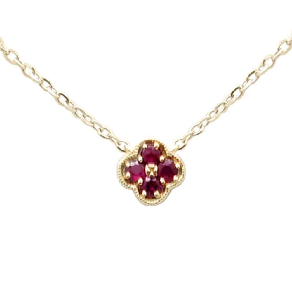 .09ct G SI 14K Yellow Gold Ruby Gemstone Petite Clover Design Pendant 18" Long