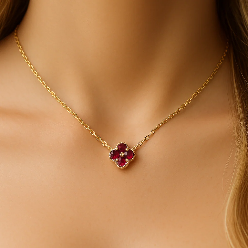 .09ct G SI 14K Yellow Gold Ruby Gemstone Petite Clover Design Pendant 18" Long - Image 2