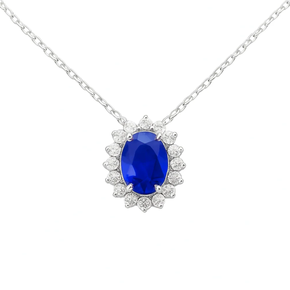 <span style="color:purple">SPECIAL!</span>1.35ct G SI 14K White Gold Diamond & Blue Sapphire Gemstone Pendant 18" Long