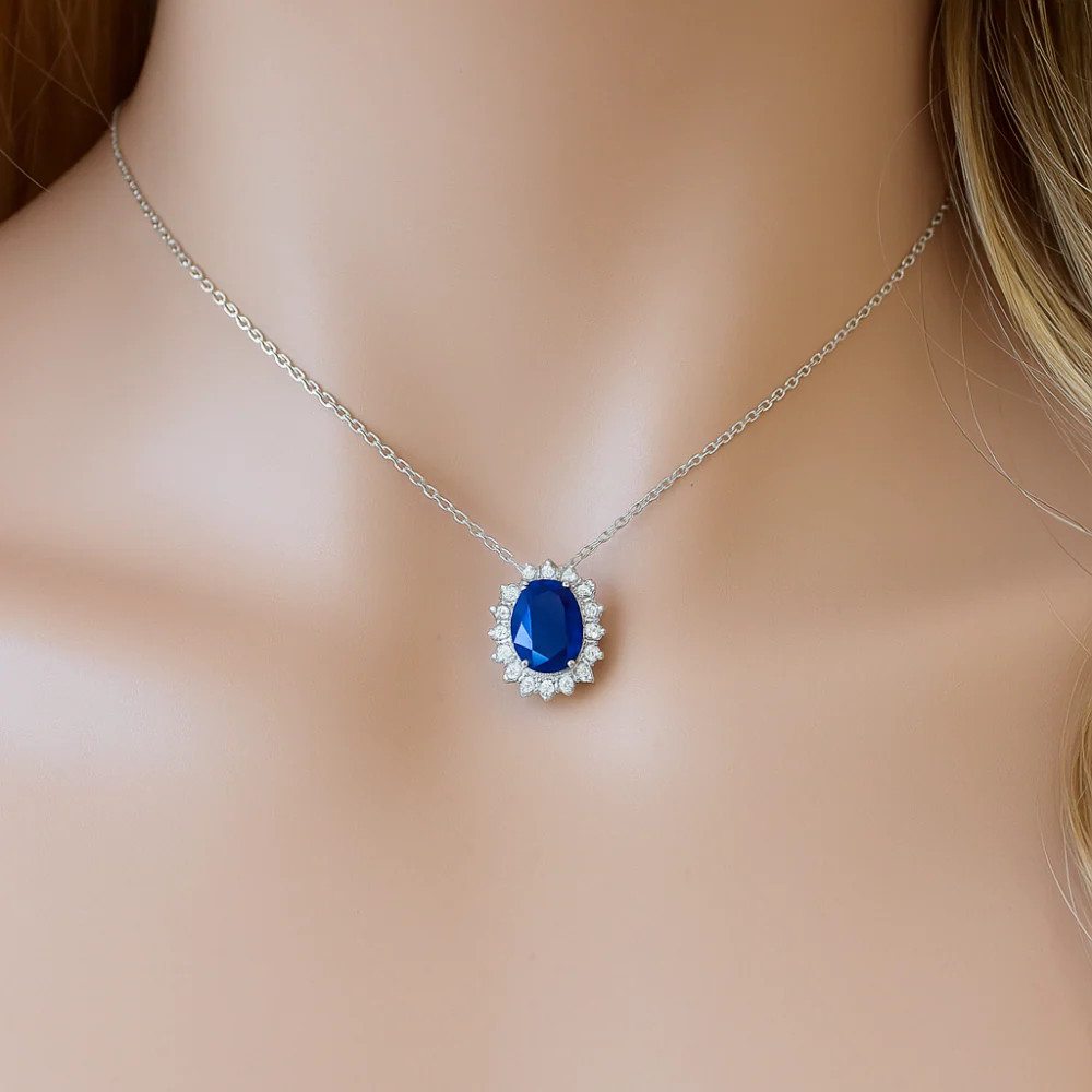 <span style="color:purple">SPECIAL!</span>1.35ct G SI 14K White Gold Diamond & Blue Sapphire Gemstone Pendant 18" Long - Image 2