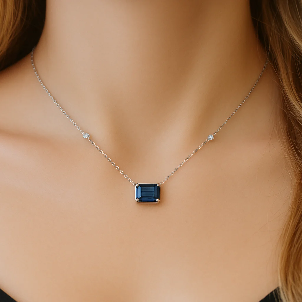<span style="color:purple">SPECIAL!</span>1.09ct G SI 14K White Gold Diamond & Blue Sapphire Gemstone Pendant 18" Long - Image 2