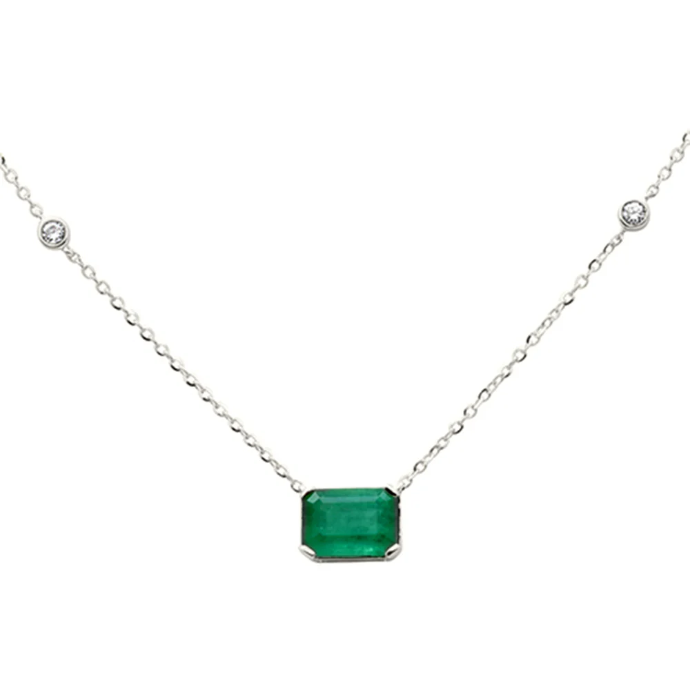 <span style="color:purple">SPECIAL!</span> .96ct G SI 14K White Gold Diamond & Emerald Gemstone Pendant 18" Long
