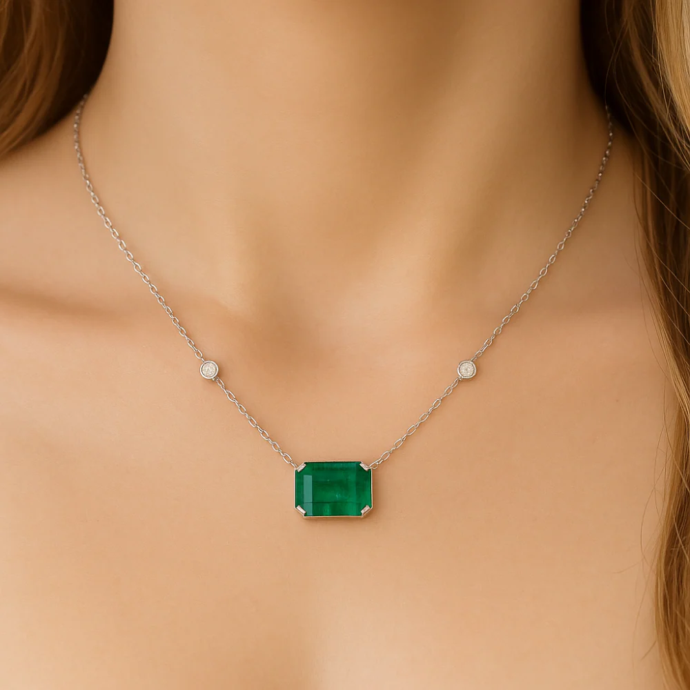 <span style="color:purple">SPECIAL!</span> .96ct G SI 14K White Gold Diamond & Emerald Gemstone Pendant 18" Long - Image 2
