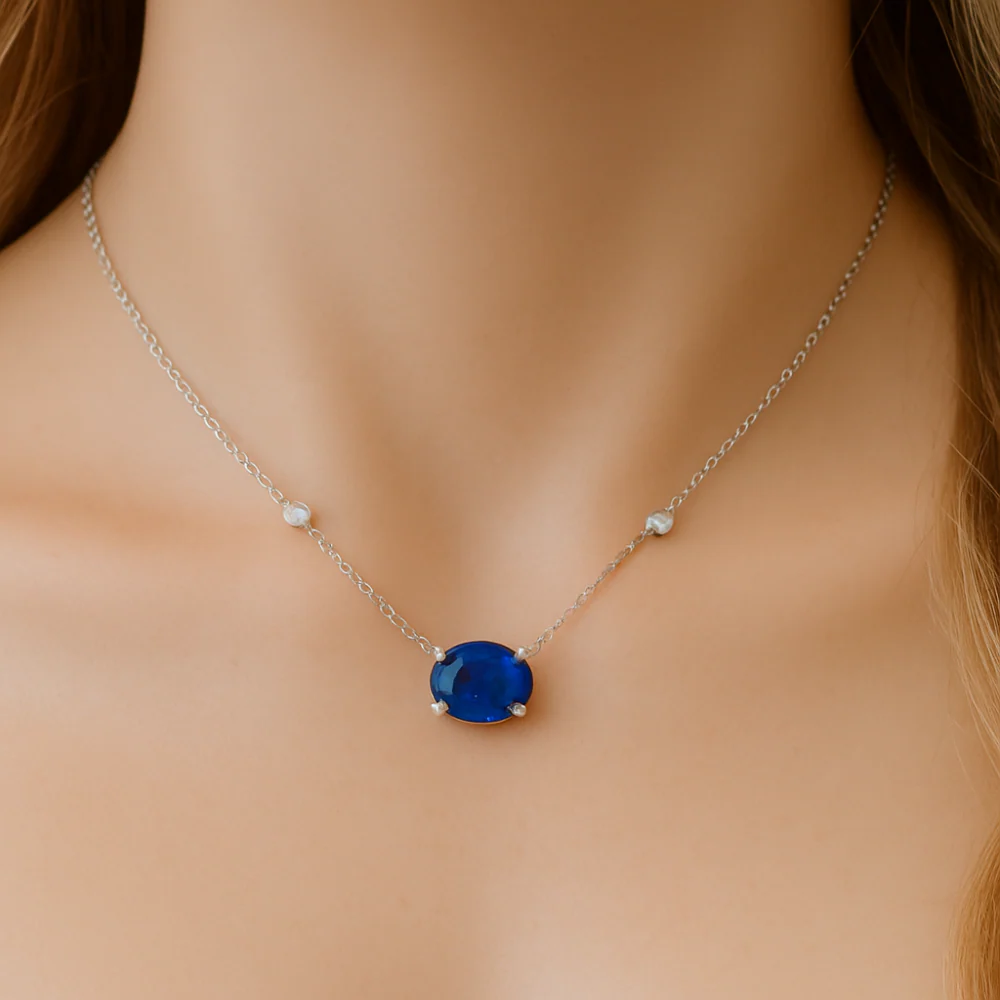 <span style="color:purple">SPECIAL!</span> 1.15ct G SI 14K White Gold Diamond & Blue Sapphire Gemstone Pendant 18" Long - Image 2