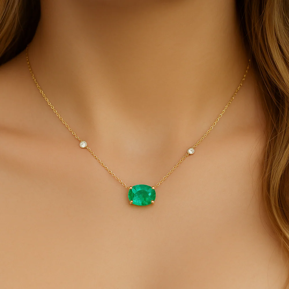 <span style="color:purple">SPECIAL!</span>.78ct G SI 14K Yellow Gold Diamond & Emerald Gemstone Pendant 18" Long - Image 2