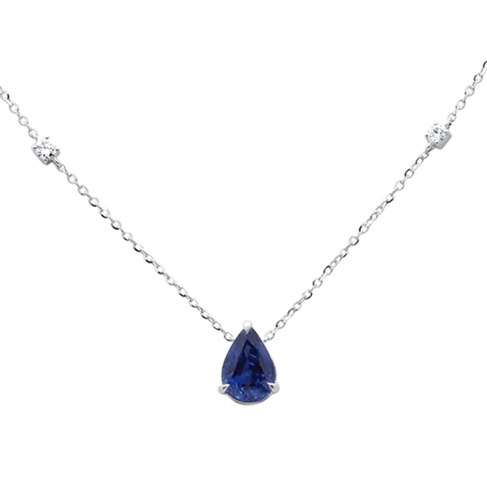 <span style="color:purple">SPECIAL!</span>.72ct G SI 14K White Gold Diamond & Blue Sapphire Gemstone Pendant 18" Long
