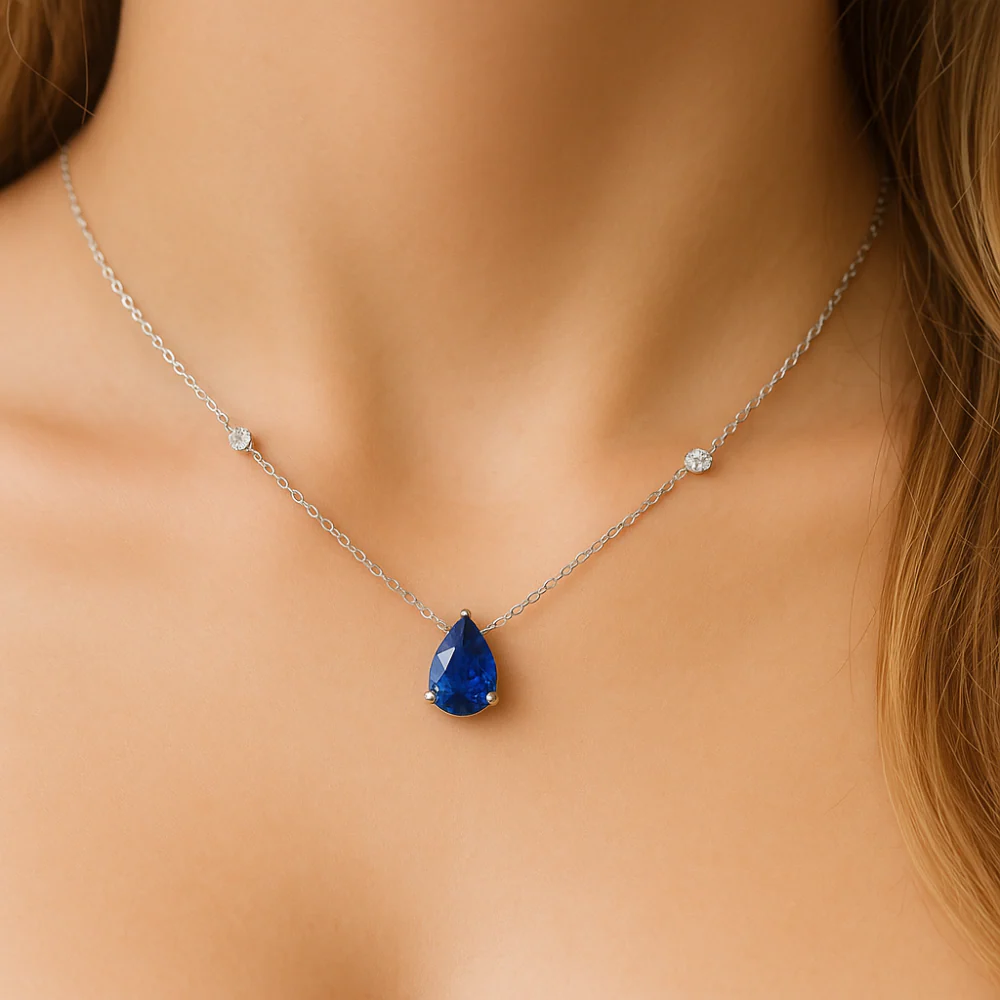 <span style="color:purple">SPECIAL!</span>.72ct G SI 14K White Gold Diamond & Blue Sapphire Gemstone Pendant 18" Long - Image 2