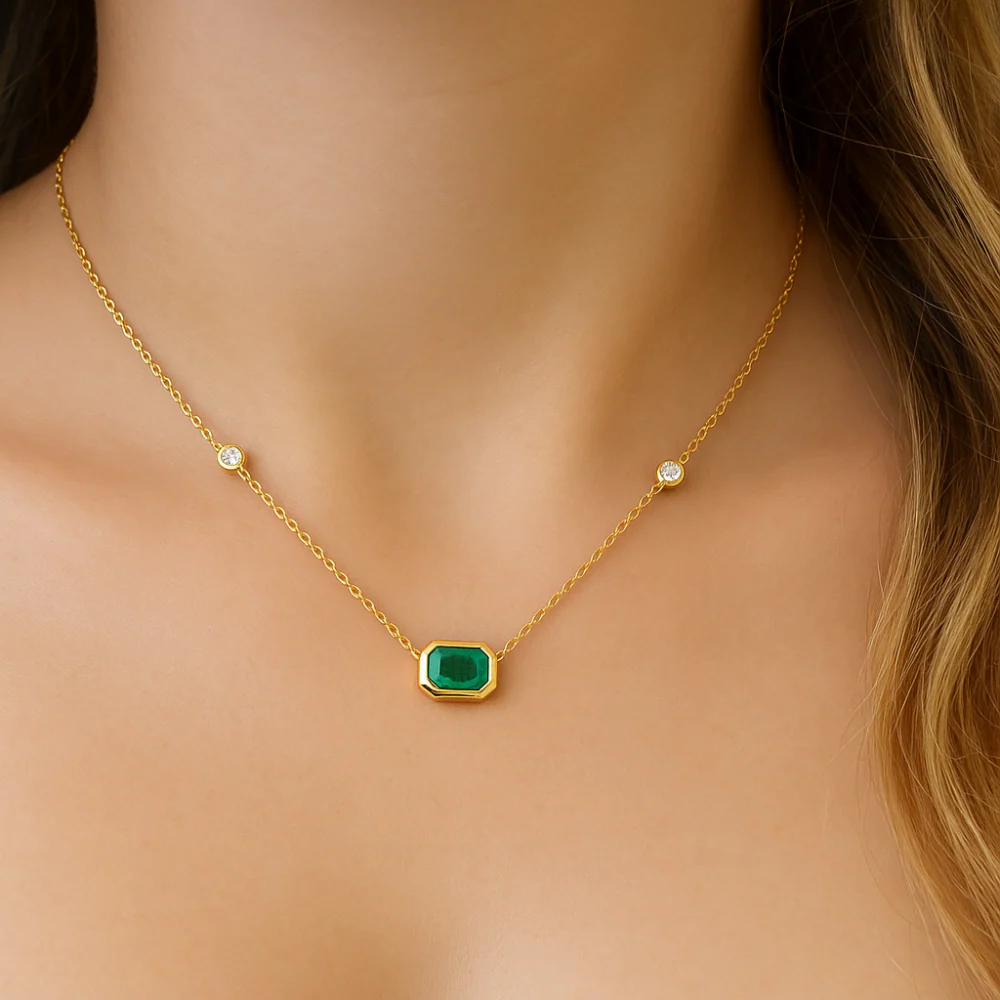 <span style="color:purple">SPECIAL!</span>.90ct G SI 14K Yellow Gold Diamond & Emerald Gemstone Pendant 18" Long - Image 2