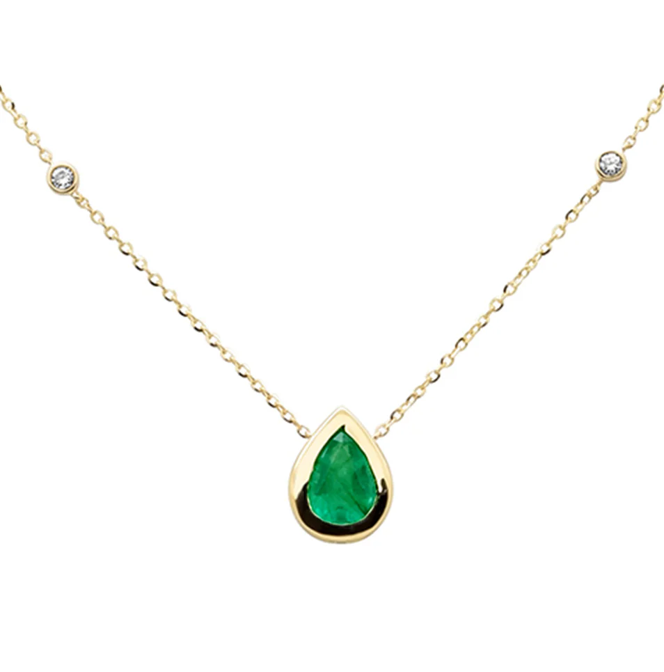 <span style="color:purple">SPECIAL!</span>.60ct G SI 14K Yellow Gold Diamond & Emerald Gemstone Pendant 18" Long