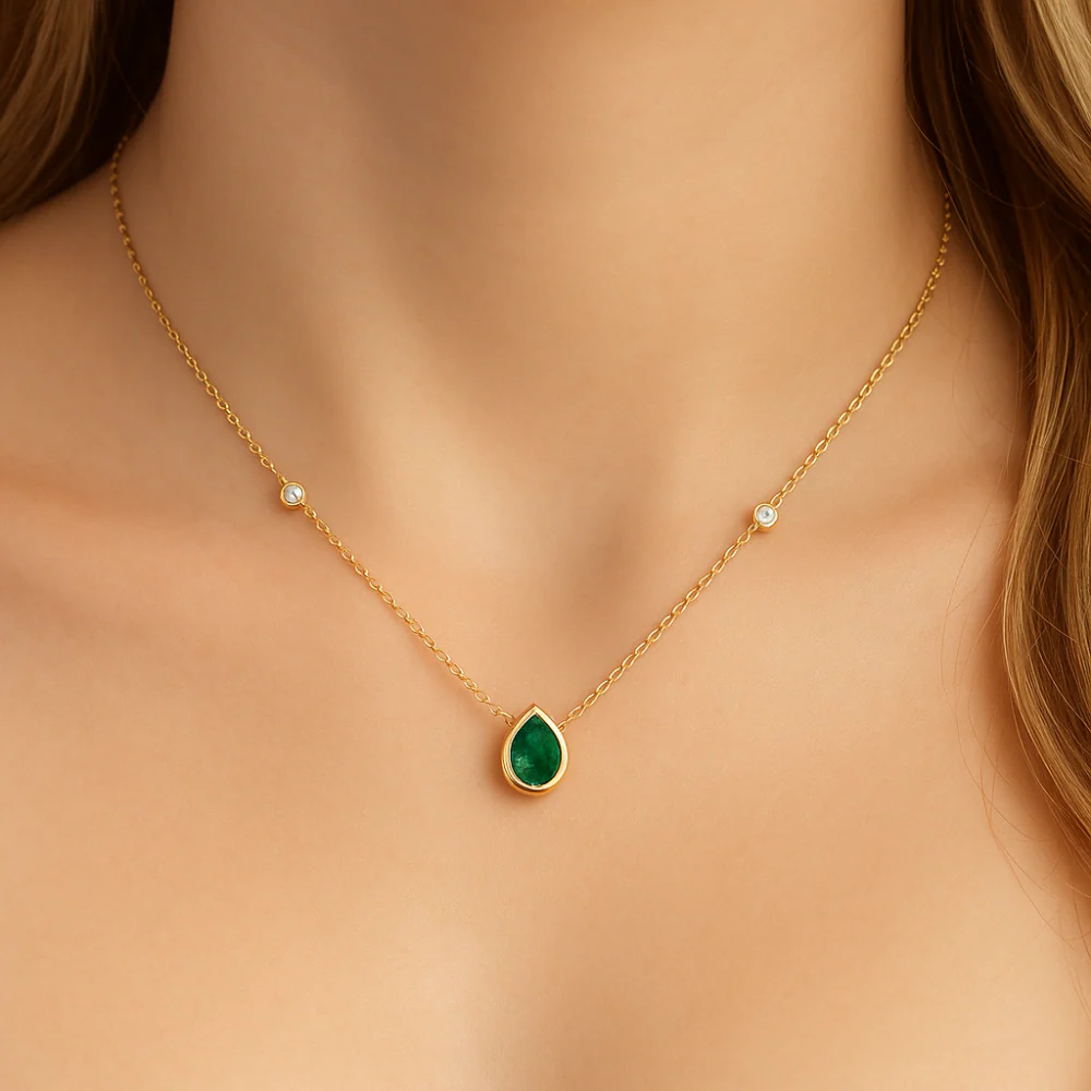 <span style="color:purple">SPECIAL!</span>.60ct G SI 14K Yellow Gold Diamond & Emerald Gemstone Pendant 18" Long - Image 2