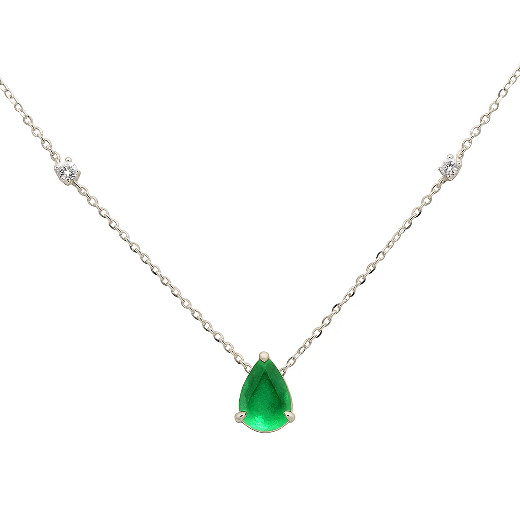 <span style="color:purple">SPECIAL!</span> .67ct G SI 14K White Gold Diamond & Emerald Gemstone Pendant 18" Long