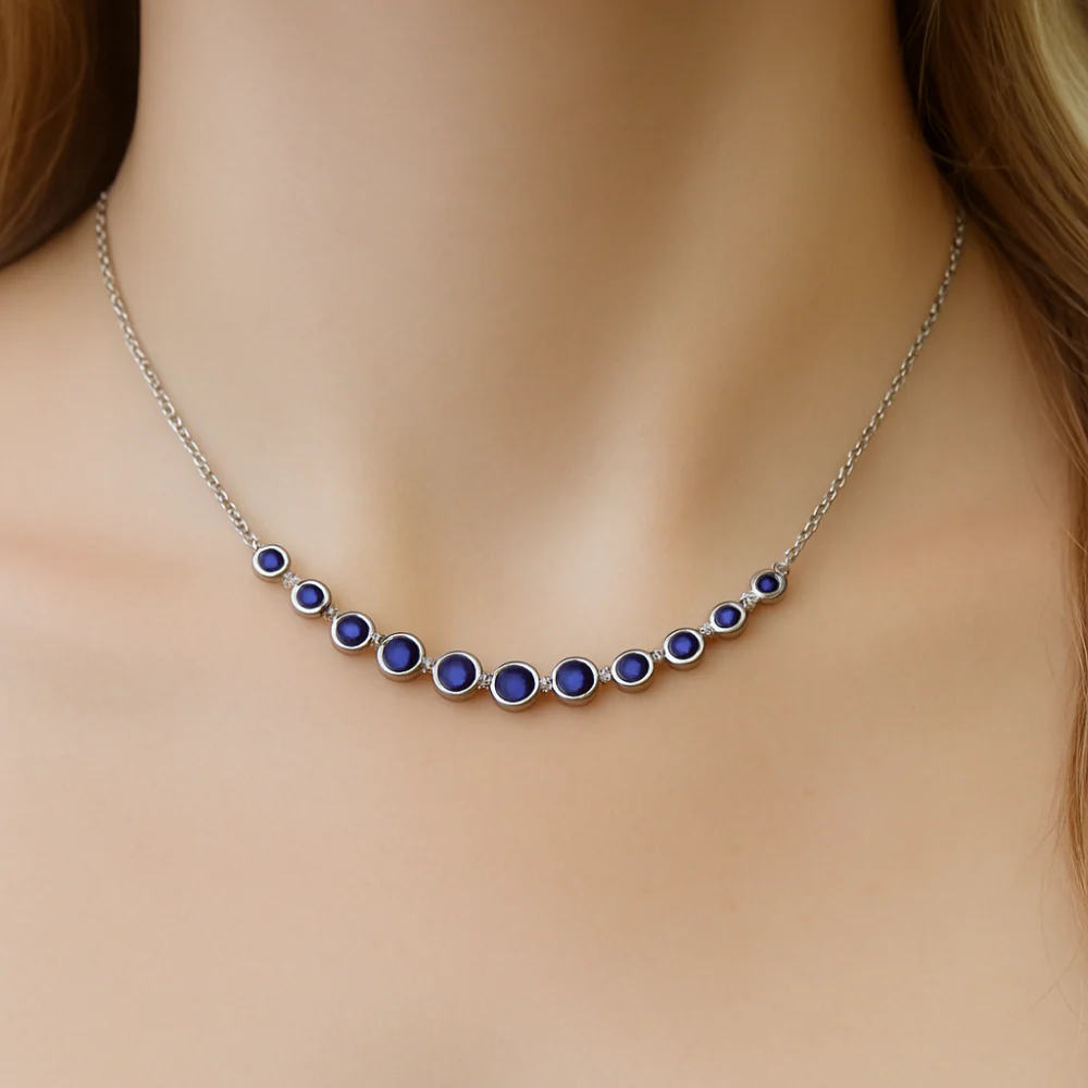 <span style="color:purple">SPECIAL!</span> .30ct G SI 14K White Gold Blue Sapphire Gemstone Bar Pendant 18" Long - Image 2