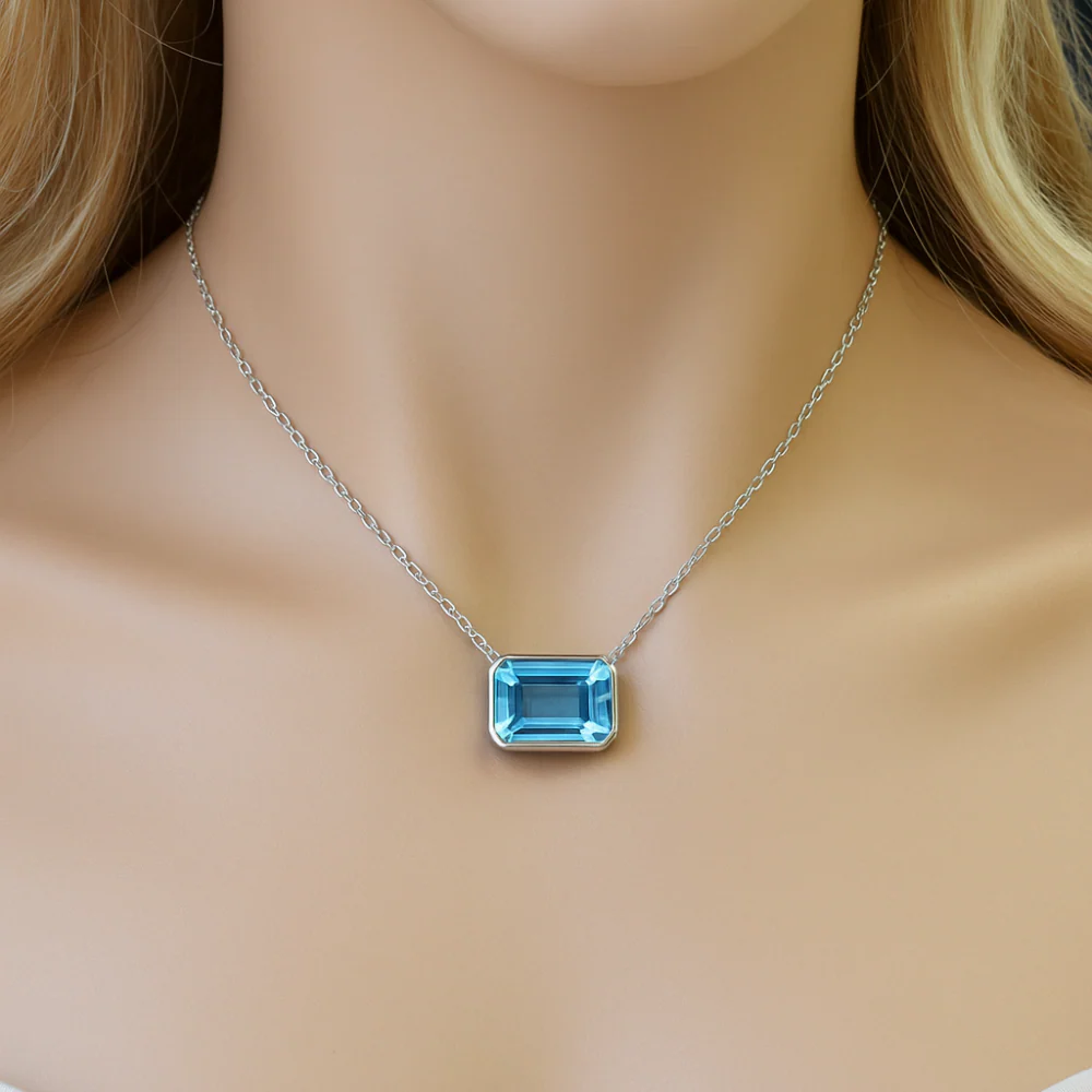 <span style="color:purple">SPECIAL!</span> .98ct G SI 14K White Gold Bezel Set Aquamarine Gemstone Pendant Necklace 18" Long - Image 2