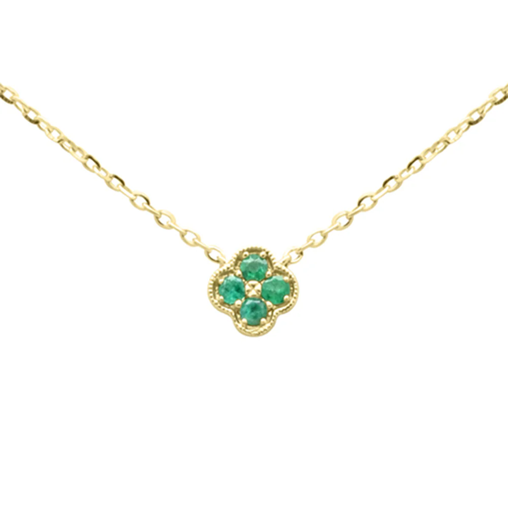 .06ct G SI 14K Yellow Gold Emerald Gemstone Petite Clover Pendant Necklace