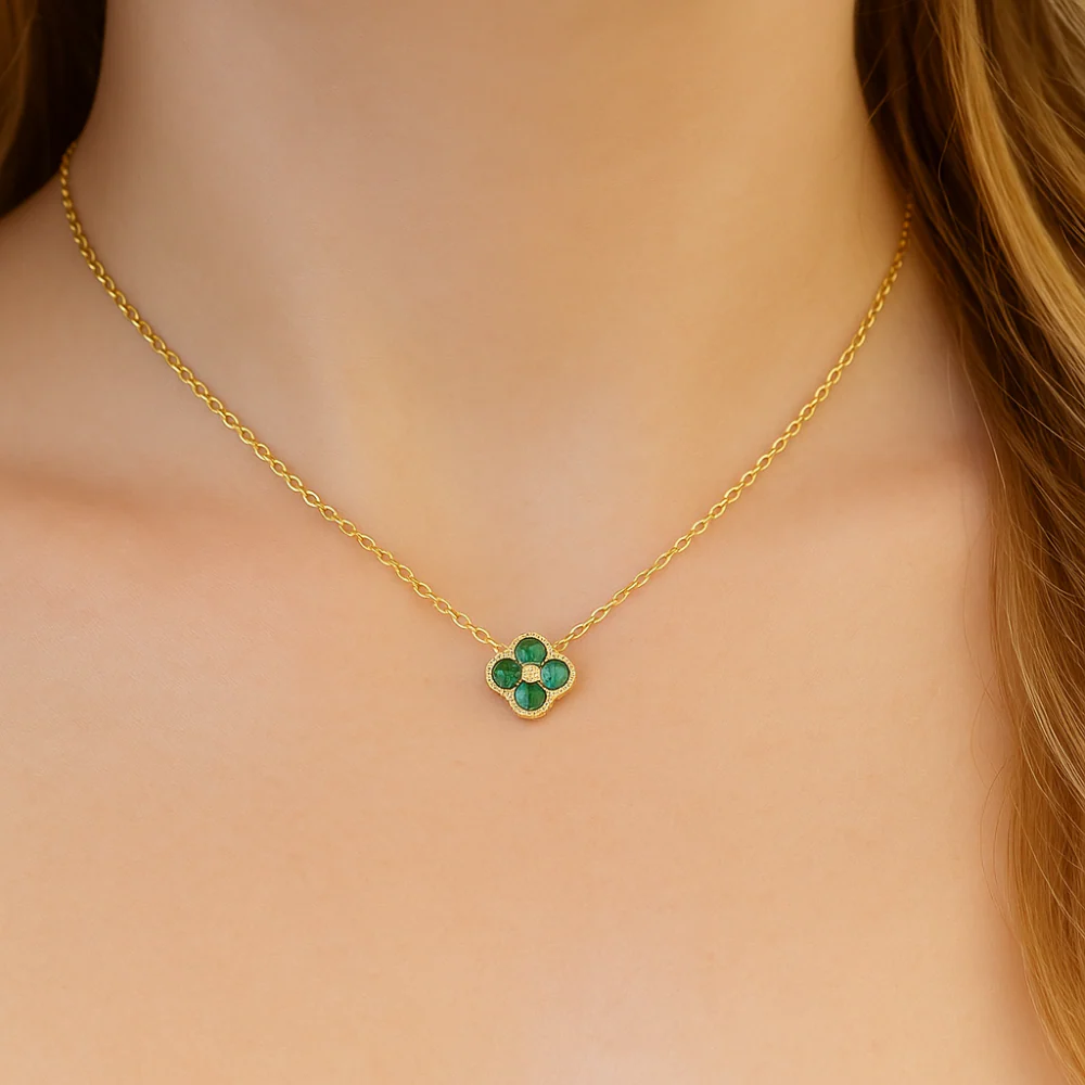 .06ct G SI 14K Yellow Gold Emerald Gemstone Petite Clover Pendant Necklace - Image 2