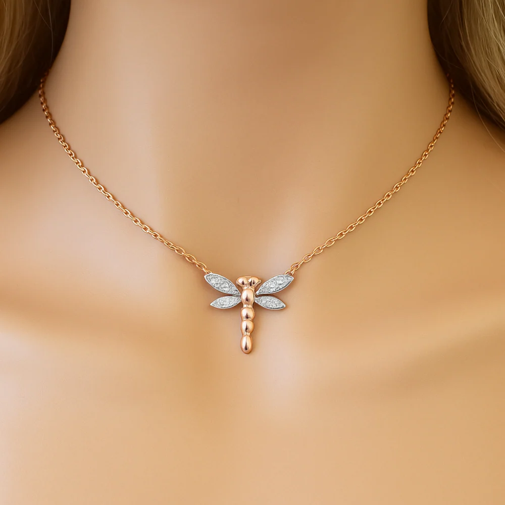 <span style="color:purple">SPECIAL!</span> .06ct G SI 14K Rose Gold Round Diamond Dragonfly Pendant Necklace 18" Long - Image 2
