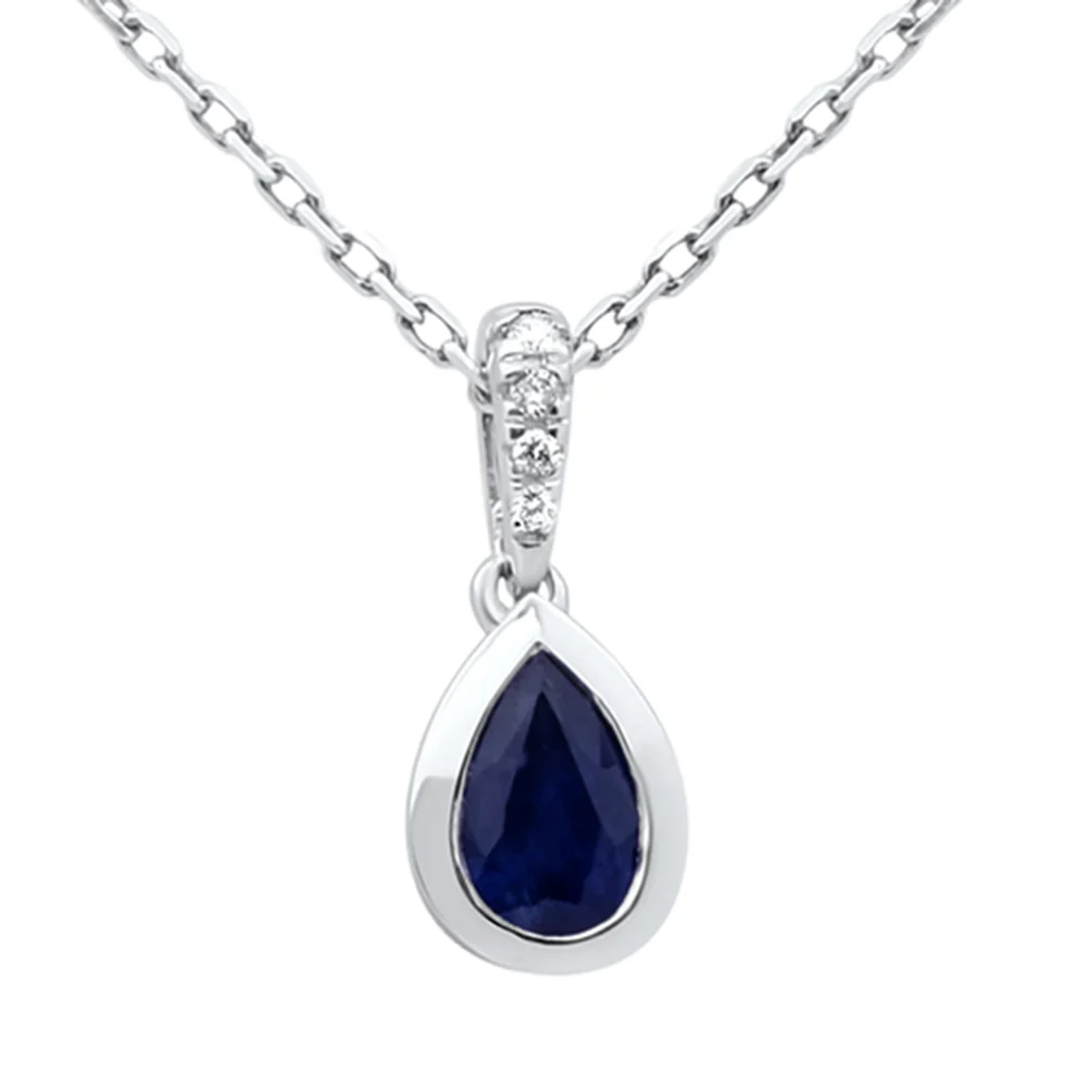 <span style="color:purple">SPECIAL!</span> .56ct G SI 14KT White Gold Diamond & Pear Shape Blue Sapphire Gemstone Pendant Necklace 18" Long Chain