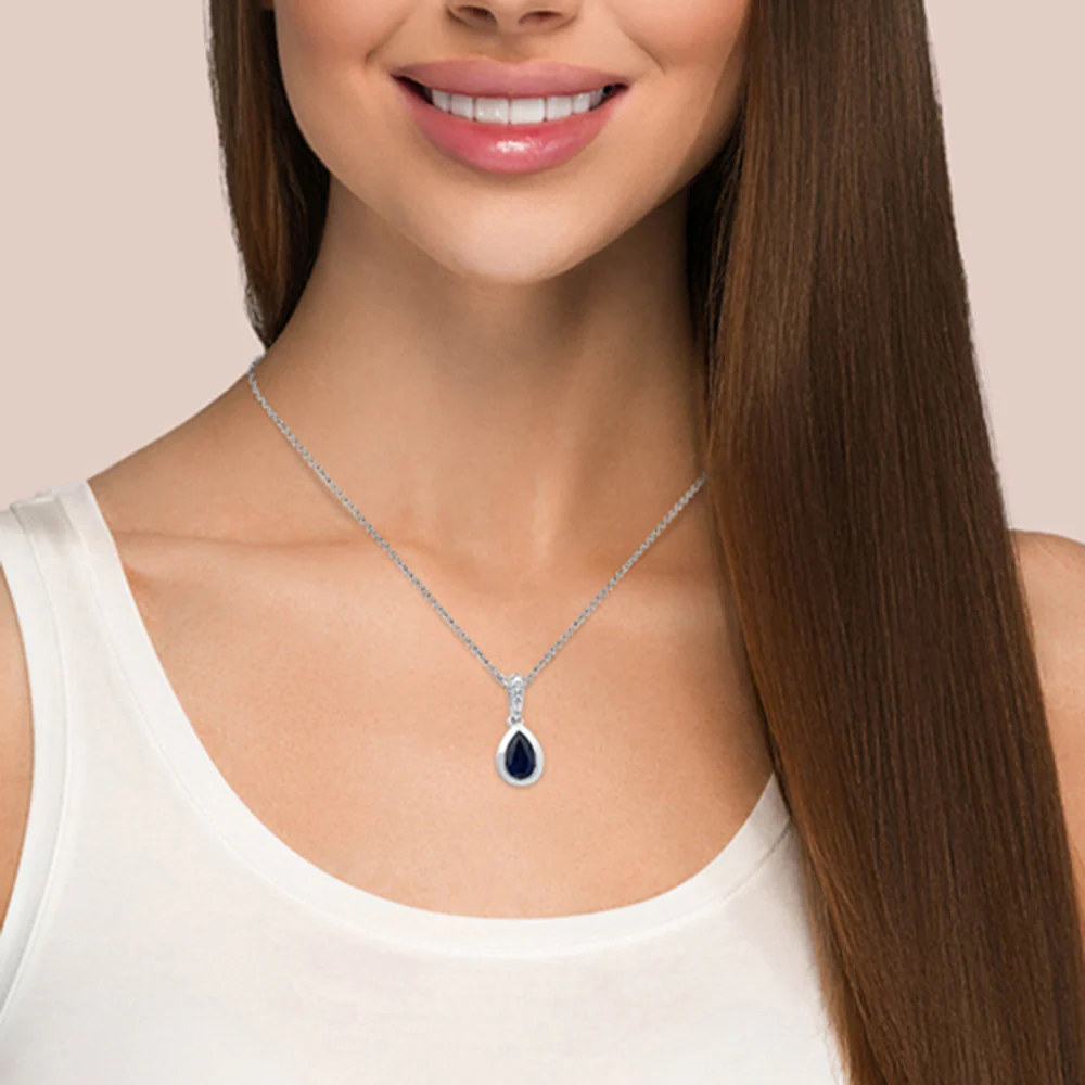 <span style="color:purple">SPECIAL!</span> .56ct G SI 14KT White Gold Diamond & Pear Shape Blue Sapphire Gemstone Pendant Necklace 18" Long Chain - Image 2