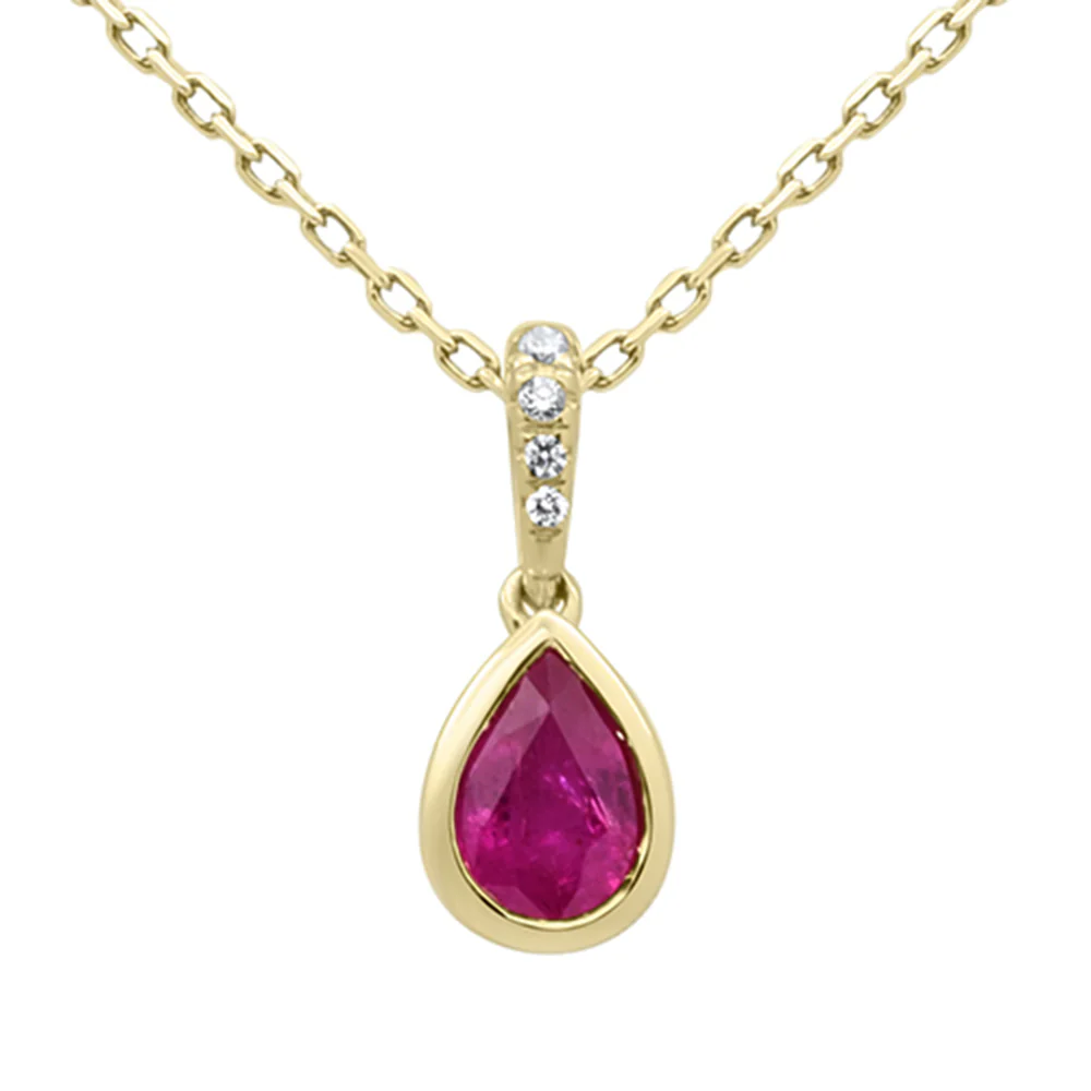 <span style="color:purple">SPECIAL!</span>.57ct G SI 14KT Yellow Gold Diamond & Pear Shape Ruby Gemstone Pendant Necklace 18" Long Chain