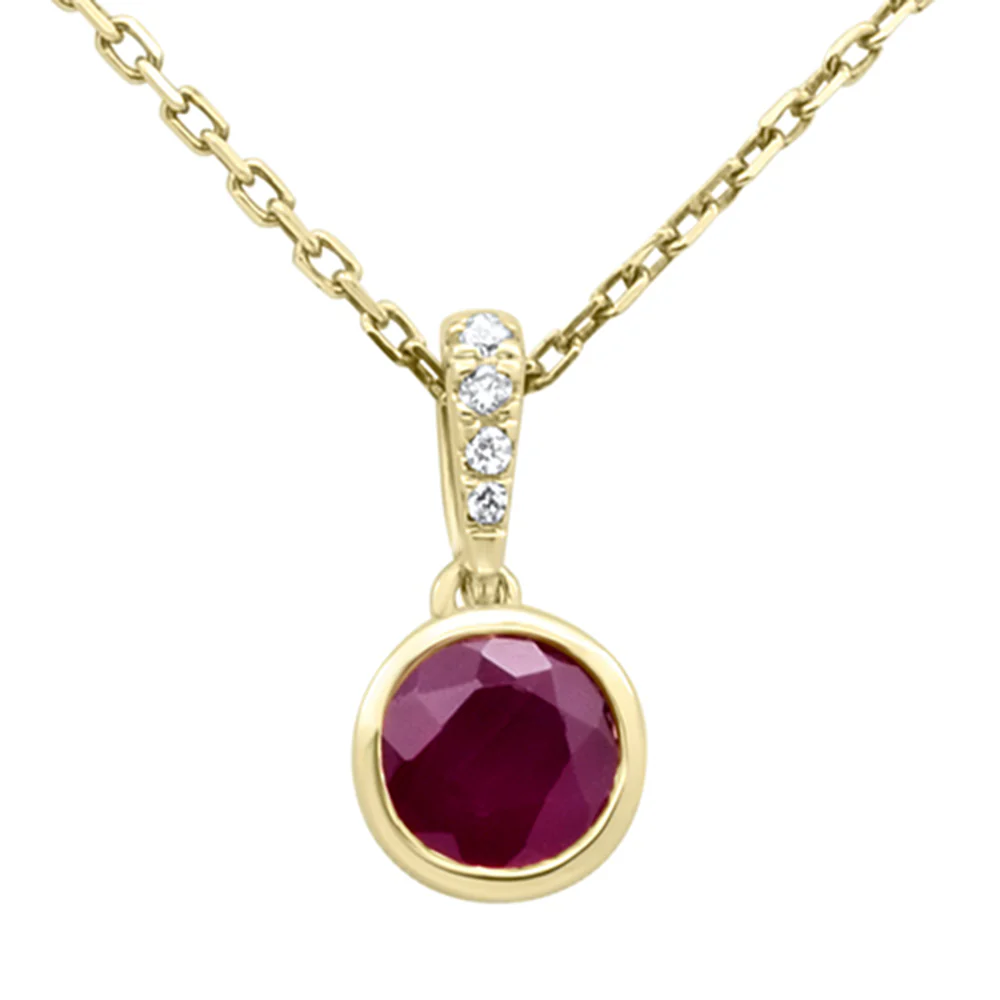 <span style="color:purple">SPECIAL!</span>.78ct G SI 14KT Yellow Gold Diamond & Round Shape Ruby Gemstone Pendant Necklace 18" Long Chain